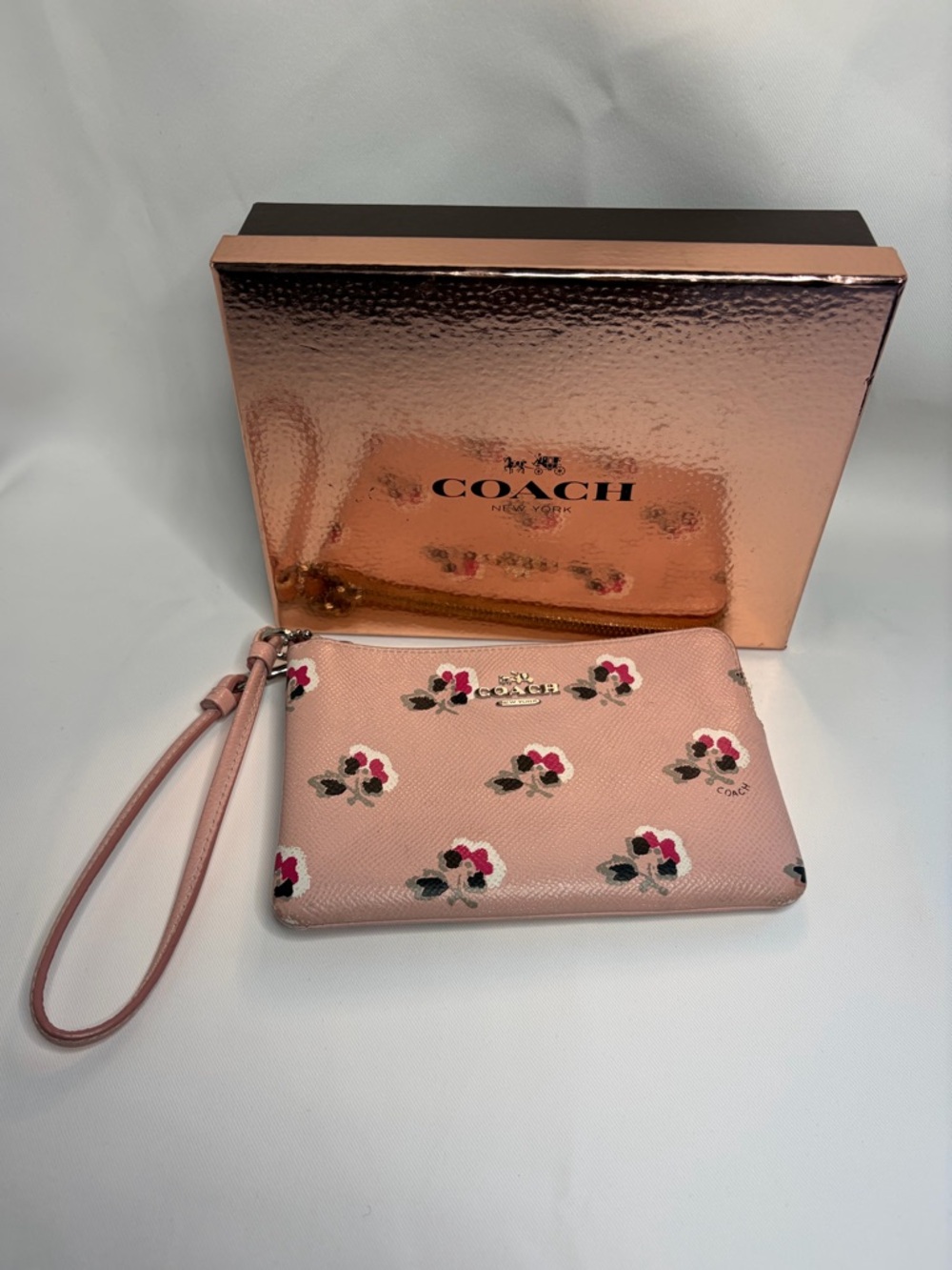 COACH Pink Floral Leather Wristlet